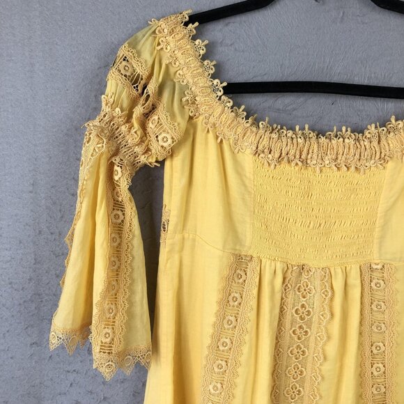 Charo Ruiz Ibiza Top Womens M Yellow Lace Boho Bell Sleeve Babydoll Milkmaid - Picture 13 of 16